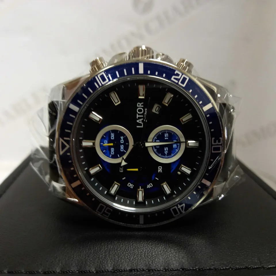 LATOR CALIBRE BLUE & YELLOW DIAL SUEDE LEATHER STRAP WATCH RRP £635