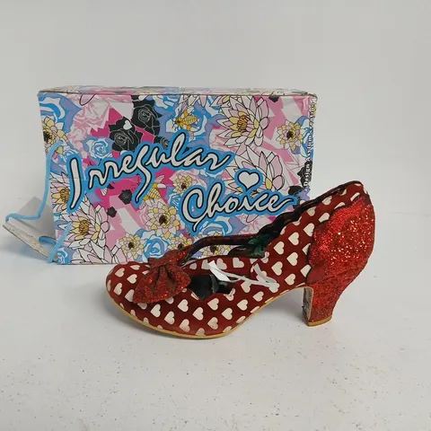 IRREGULAR CHOICE WOMEN'S RED HEART PATTERN HEELS WITH GLITTER BOW – STAGE LEFT SIZE 42
