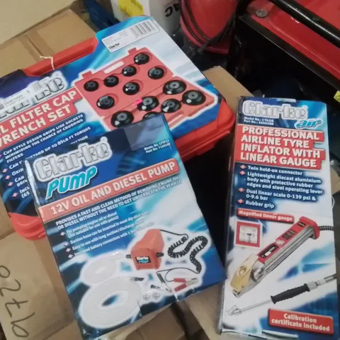 MIXED BOX OF TOOLS TO INCLUDE: CLARKE OIL FILTER CAP WRENCH SET, PROFESSIONAL AIRLINE TYRE INFLATOR AND 12V OIL AND DIESEL PUMP