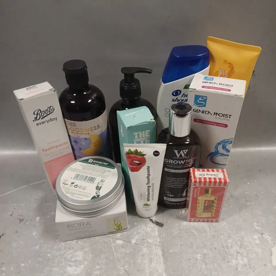 APPROXIMATELY 20 ASSORTED COSMETIC PRODUCTS INCLUDE - WATERMANS GROW ME SHAMPOO - THE SERENITY LAB HAIR GROWTH OIL - KORA ORGANICS CLEANSING BALM - ETC