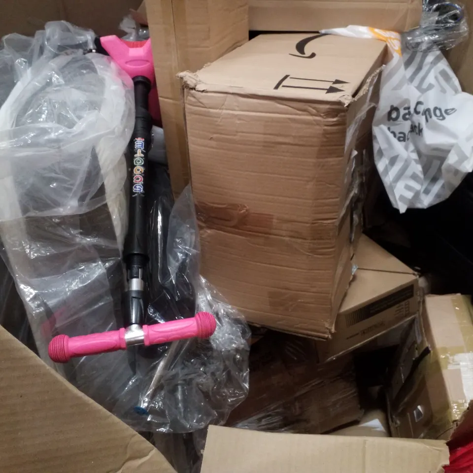 PALLET CONTAINING ASSORTED PRODUCTS INCLUDING 13" LAMINATE FLOOR CUTTER, SIDE TABLE, BUG-A-SALT GUN, EXTENDABLE SHOE RACK & KIDS SCOOTER 