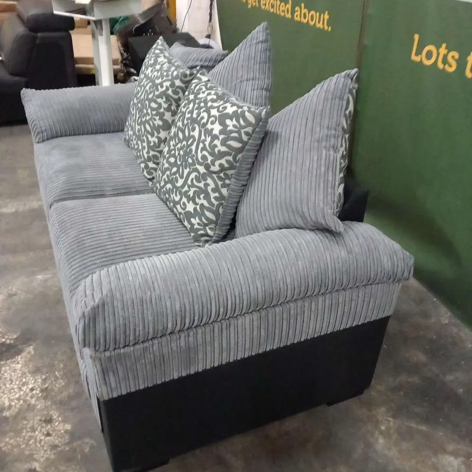 DESIGNER BLACK SUEDE EFFECT AND GREY CORDED FABRIC TWO SEATER WITH SCATTER CUSHIONS