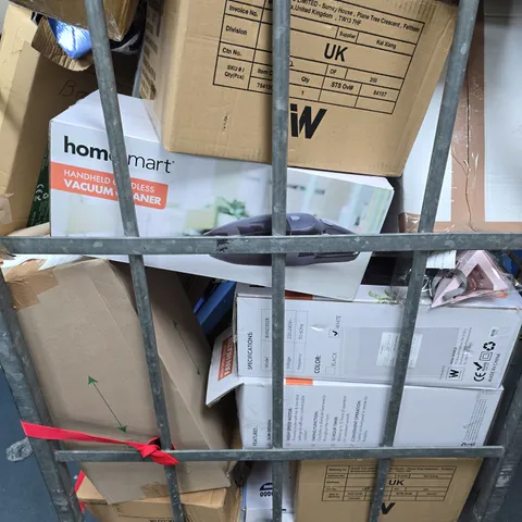 CAGE OF APPROXIMATELY 20 ASSORTED BROKEN ITEMS TO INCLUDE - TOWER HEATER , TABLE LAMP , VACUUM CLEANER ETC