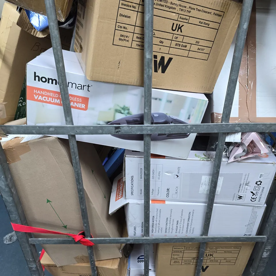 CAGE OF APPROXIMATELY 20 ASSORTED BROKEN ITEMS TO INCLUDE - TOWER HEATER , TABLE LAMP , VACUUM CLEANER ETC