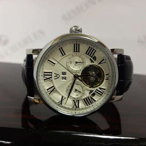 WILLIAM JOURDAIN PART SKELETON WAVE DIAL LEATHER STRAP WATCH