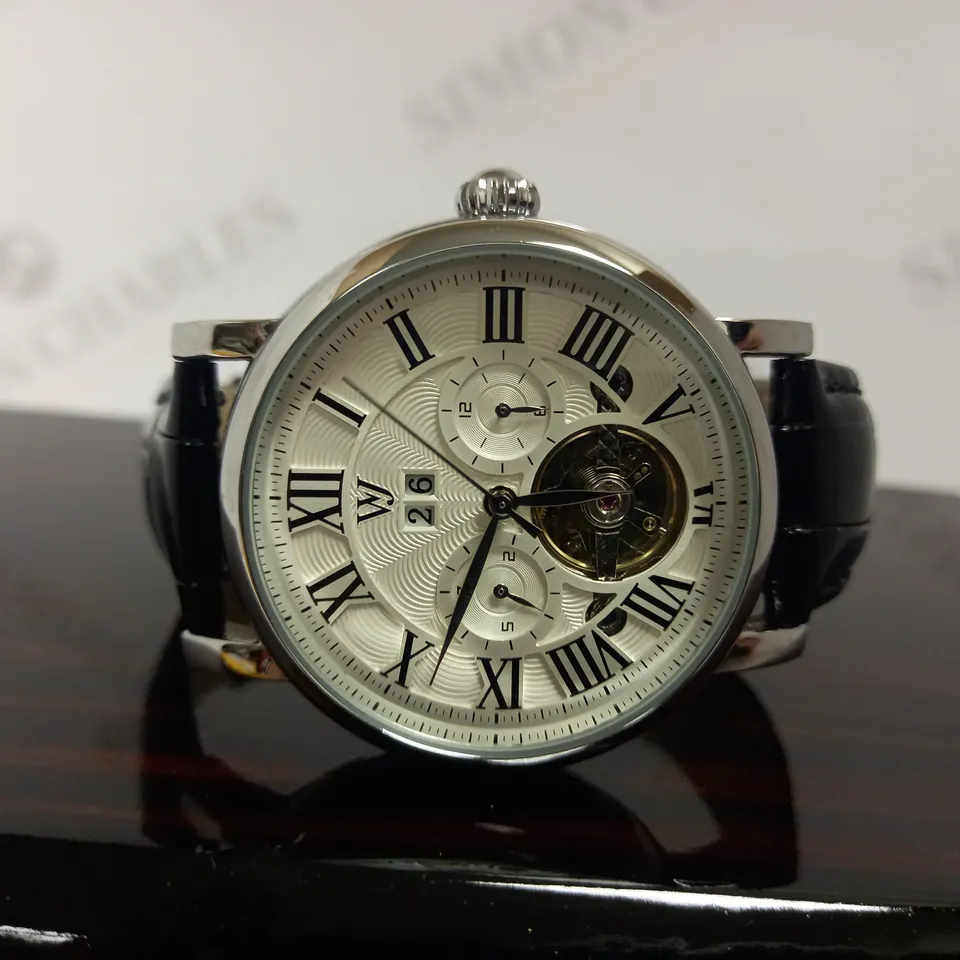 WILLIAM JOURDAIN PART SKELETON WAVE DIAL LEATHER STRAP WATCH