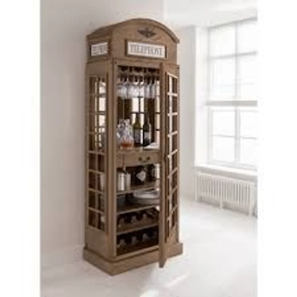 BRAND NEW BOXED HOMES DIRECT 365 TELEPHONE BOX DISPLAY & DRINKS CABINET HOME BAR - NATURAL (2 BOXES)