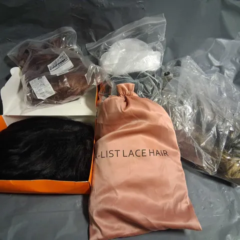 TOTE OF ASSORTED WIGS AND HAIR EXTENSIONS TO INCLUDE; A LIST LACE HAIR 