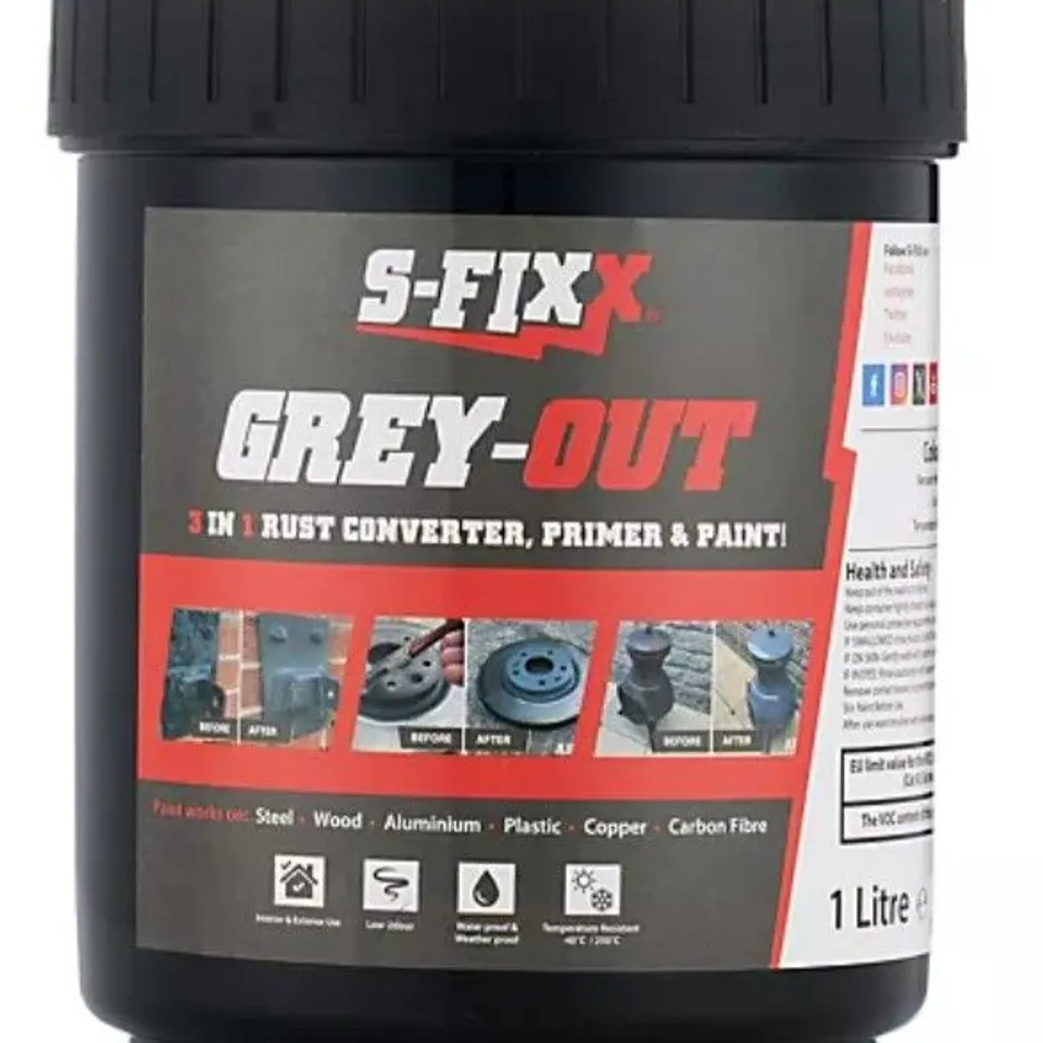 S-FIXX EVERGREEN 3 IN 1 RUST COVERTER, PRIMER AND PAINT IN GREY 2.5L