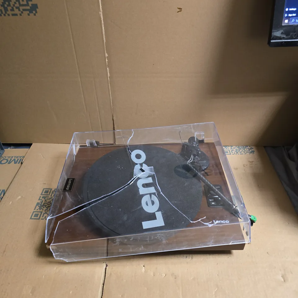 BOX OF ASSORTED ITEMS INCLUDING LENCO TURNTABLE DAMAGED , SPEAKERS AND ADVENT CALENDAR 