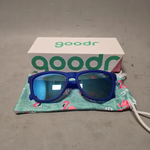 BOXED PAIR OF GOODR FALKOR'S FEVER DREAM POLARIZED SUNGLASSES IN BLUE