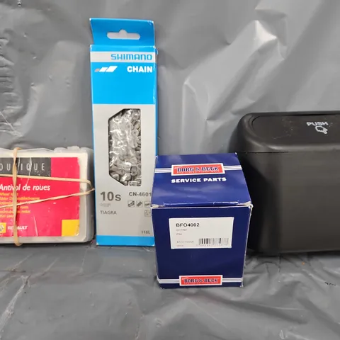 TOTE OF APPROXIMATELY 8 ASSORTED ITEMS TO INCLUDE - PUSH BIN , SHIMANO CHAIN 10S , WHEEL LOCKS ETC