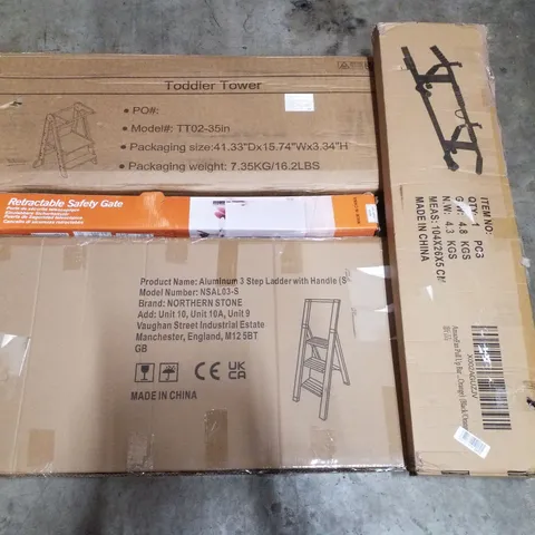 PALLET CONTAINING ASSORTED PRODUCTS INCLUDING TODDLER TOWER, RETRACTABLE SAFETY GATE, ALUMINIUM 3 STEP LADDER WITH HANDLE & PULL UP BAR