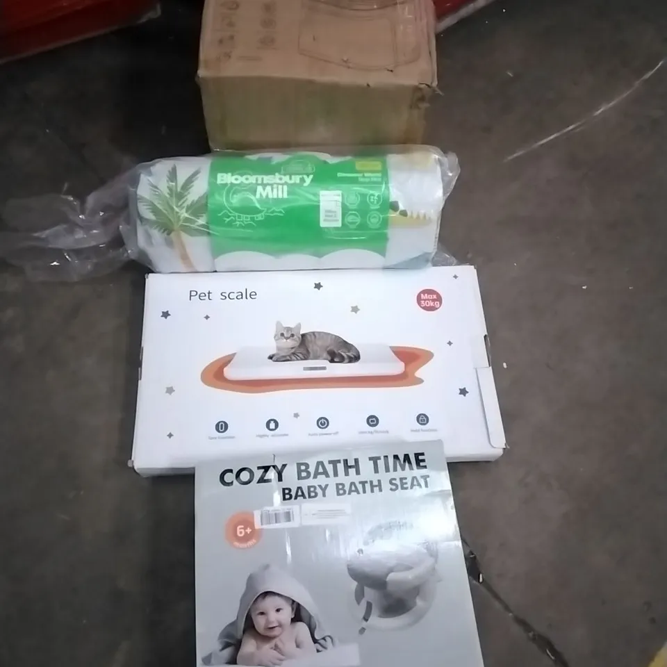 PALLET OF HOUSEHOLD ITEMS TO INCLUDE FOOD WASTE COMPOSTER,DINOSAUR WORLD NAP MAT,PET SCALES, BABY BATH SEAT AND OTHER ASSORTED ITEMS...
