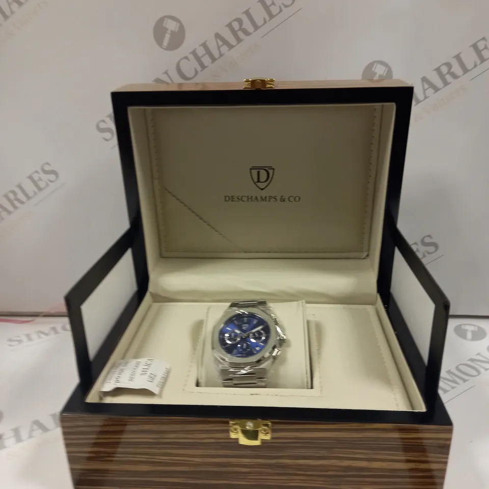 MENS DESCHAMPS & CO CHRONOGRAPH WATCH – SUB DIALS WITH DATE – STAINLESS CASE & STRAP – 5ATM WATER RESISTANT - WOODEN GIFT BOX 
