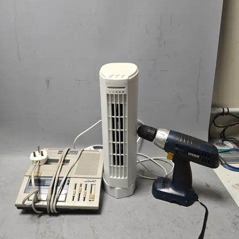 BOX OF APPROXIMATELY 7 ASSORTED ITEMS TO INCLUDE - SONY TRANSCRIBER , DAEWOOD MINI TOWER FAN