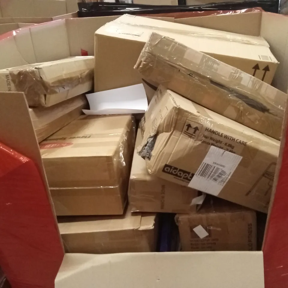 PALLET OF ASSORTED HOUSEHOLD GOODS AND PRODUCTS TO INCLUDE; FLOWER SPINNING CHAIR, TOILET AID, BOXED FURNITURE ETC