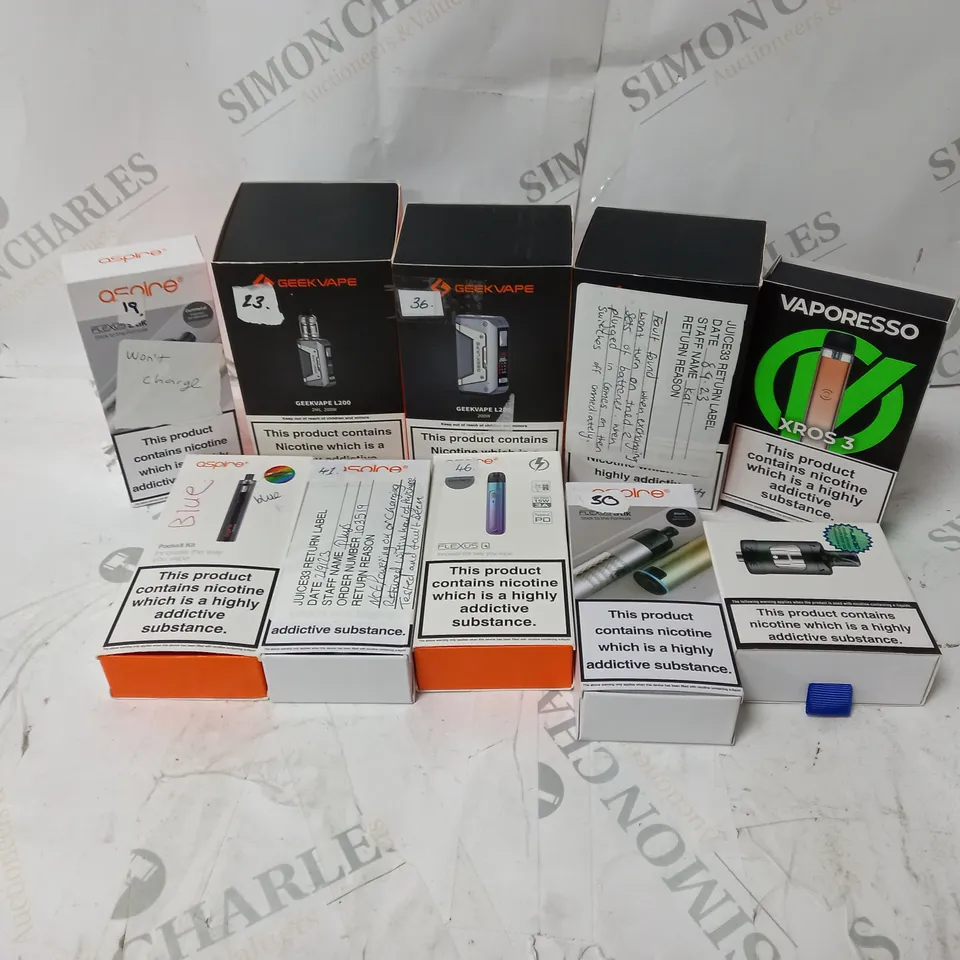 BOX OF APPROXIMATELY 10 ASSORTED E-CIG PRODUCTS TO INCLUDE ASPIRE, GEEKVAPE, VAPORESSO 