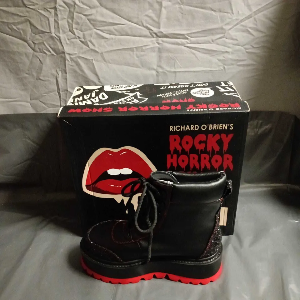 KOI X ROCKY HORROR SHOW BOOTS – BLACK LEATHER, GLITTER TOE, RED SOLE, UK 5