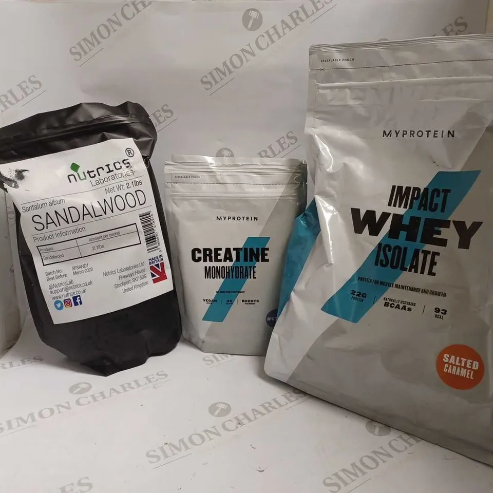 LOT OF 3 ITEMS TO INCLUDE MYPROTEIN IMPACT WHEY ISOLATE SALTED CARAMEL (2.5KG), MYPROTEIN CREATINE MONOHYDRATE UNFLAVOURED (500g), NUTRICS SANDALWOOD POWDER (2.1lbs)