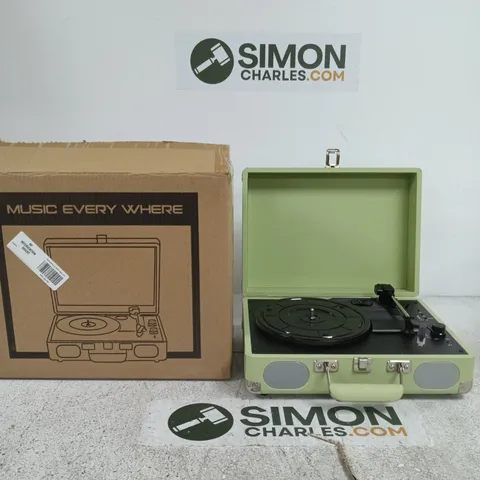 PORTABLE TURNTABLE IN LIGHT-GREEN CASE WITH LID (MUSIC EVERYWHERE BOX)