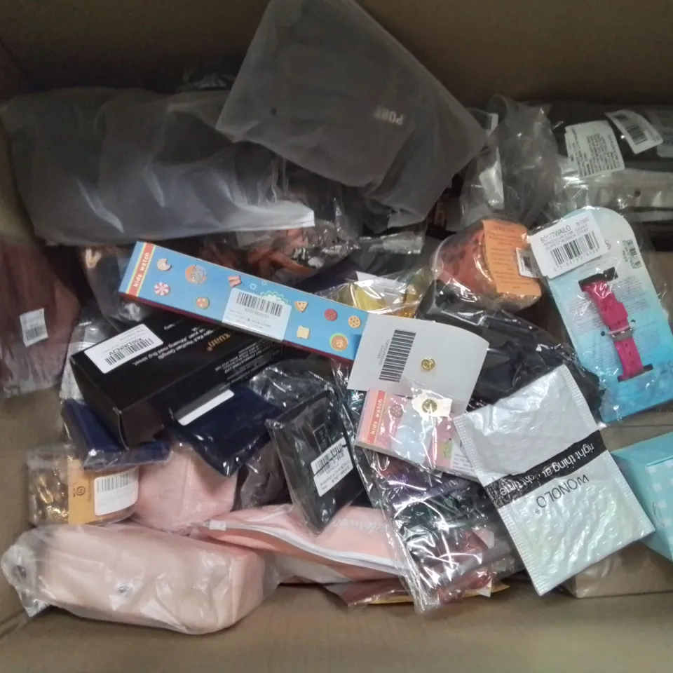 BOX CONTAINING LARGE AMOUNT OF MIXED FASHION ITEMS, SILVER PLATE AND COSTUME JEWELLERY, CLOTHING ITEMS ETC.