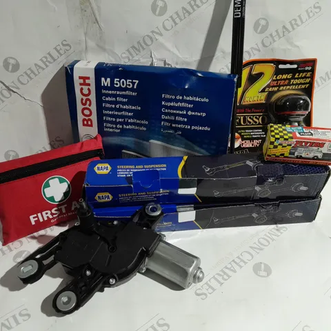 APPROXIMATELY 20 ASSORTED ITEMS TO INCLUDE BOSCH CABIN FILTER, FIRST AID KIT, NAPA STEERING AND SUSPENSION AXIAL JOINT, REAR WIPER MOTOR ETC. 