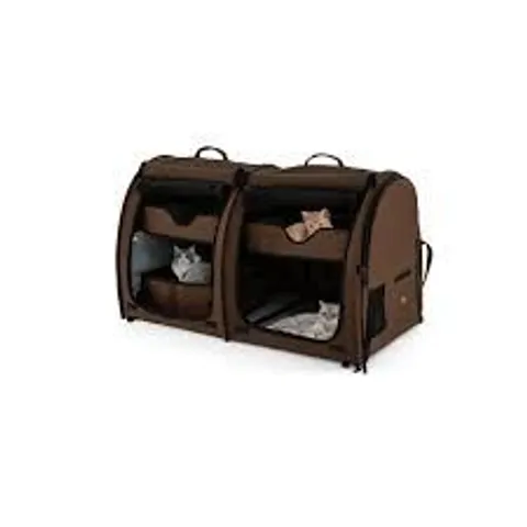 BOXED COSTWAY 2 COMPARTMENTS PET TRAVEL CARRIERS WITH REMOVABLE HAMMOCKS AND MATS - BROWN (1 BOX)