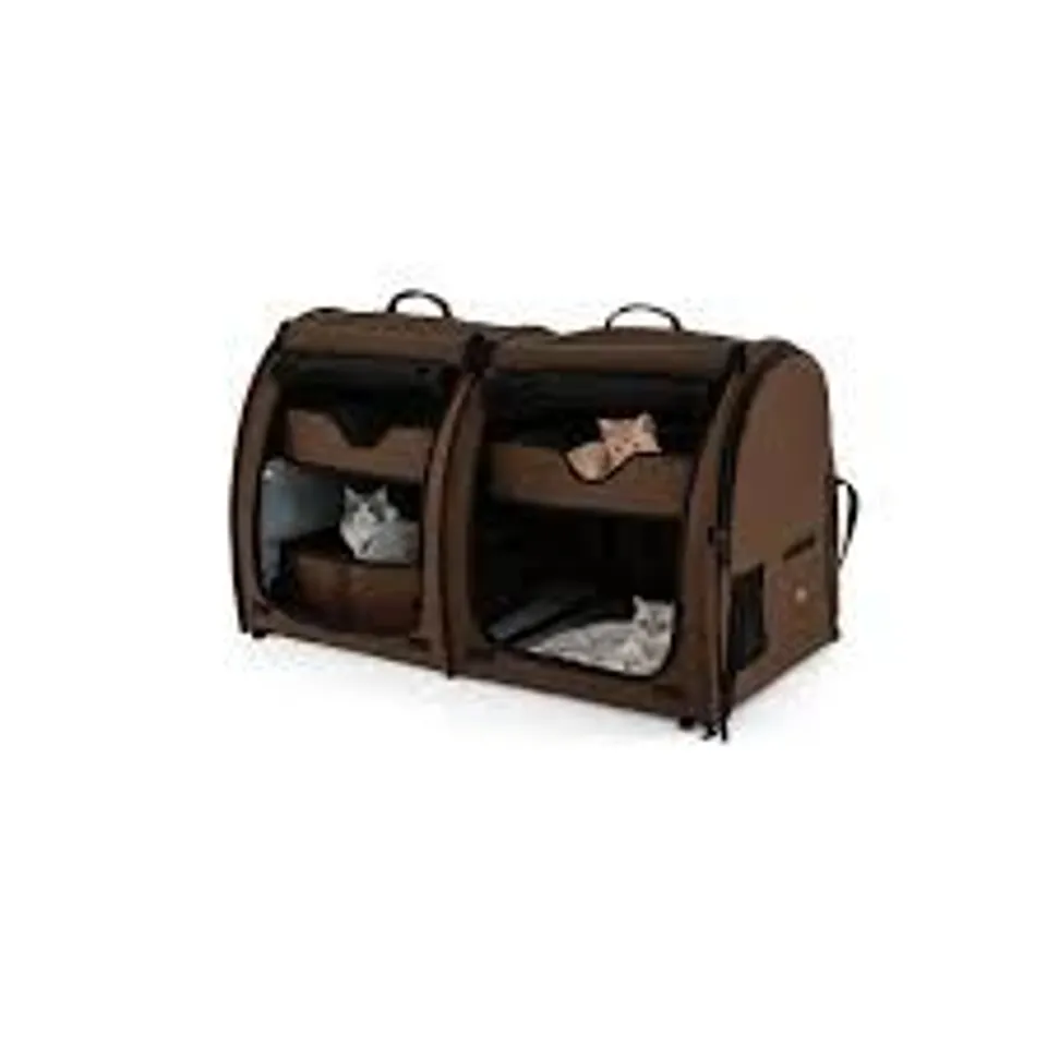 BOXED COSTWAY 2 COMPARTMENTS PET TRAVEL CARRIERS WITH REMOVABLE HAMMOCKS AND MATS - BROWN (1 BOX)