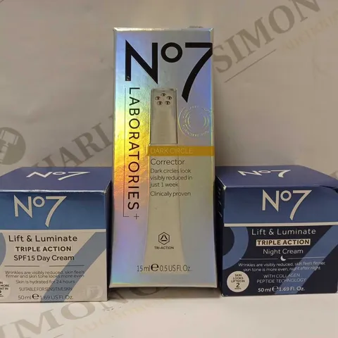 LOT OF 3 NO.7 PRODUCTS TO INCLUDE DARK CIRCLE CORRECTOR - LIGHT/MEDIUM, TRIPLE ACTION DAY CREAM, TRIPLE ACTION NIGHT CREAM