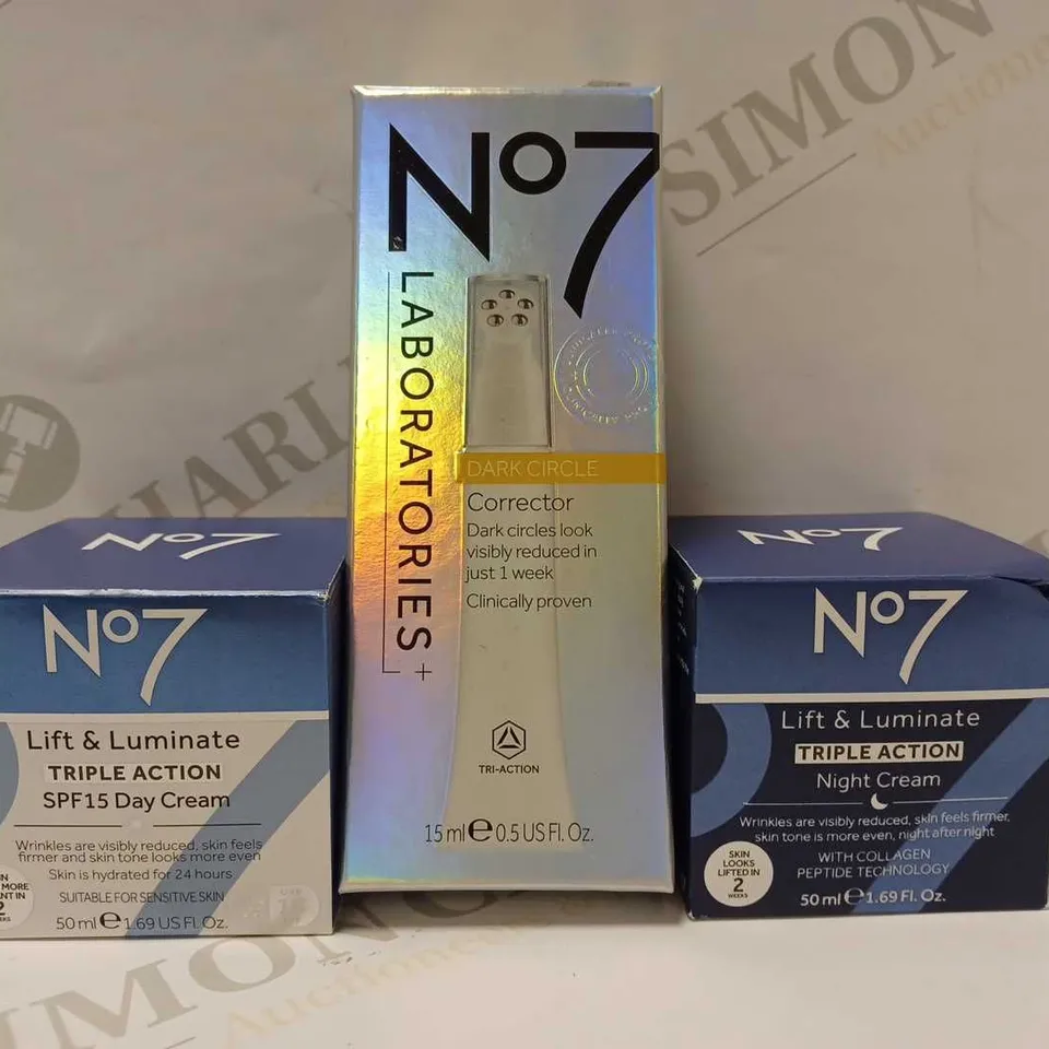 LOT OF 3 NO.7 PRODUCTS TO INCLUDE DARK CIRCLE CORRECTOR - LIGHT/MEDIUM, TRIPLE ACTION DAY CREAM, TRIPLE ACTION NIGHT CREAM 