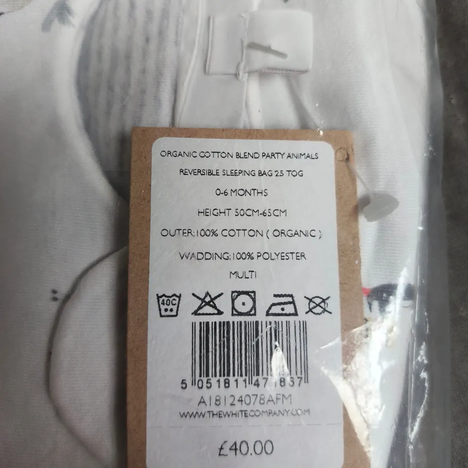 THE WHITE COMPANY ORGANIC COTTON BLEND PARTY ANIMALS REVERSIBLE SLEEPING BAG 0-6 MONTHS