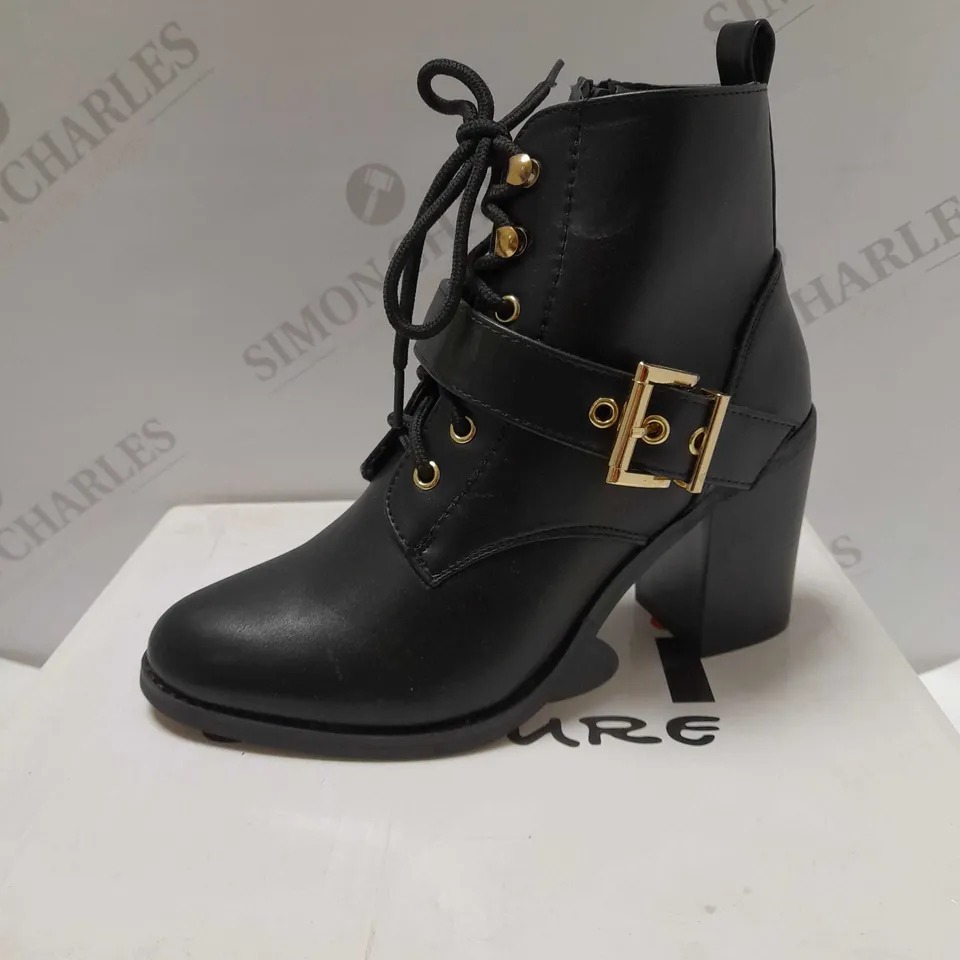 KOI STACKED HEEL BLACK FAUX LEATHER GOLD BUCKLE BOOTS - SIZE 3