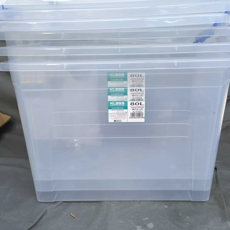 3X KLASS 80L CLICK & STORE STORAGE BOX WITH LID – CLEAR PLASTIC