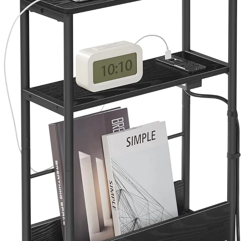 BOXED VASAGLE 3-TIER SLIM SIDE TABLE WITH CHARGING STATION - EBONY BLACK AND INK BLACK
