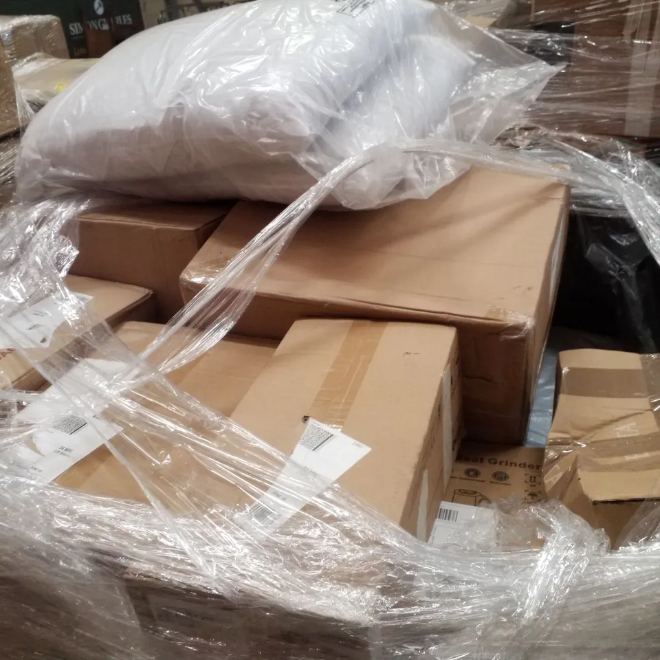 PALLET CONTAINING ASSORTED PRODUCTS INCLUDING MEAT GRINDER, ELECTRIC OVEN, FENCE PAINT SPRAYER & SET OF 2 PILLOWS