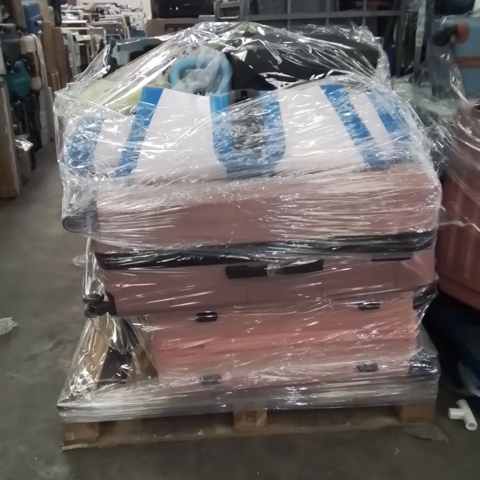 PALLET OF ASSORTED HOUSEHOLD GOODS AND PRODUCTS TO INCLUDE;SUITCASES,DUMBBELL,CHILD'S CAR SEAT