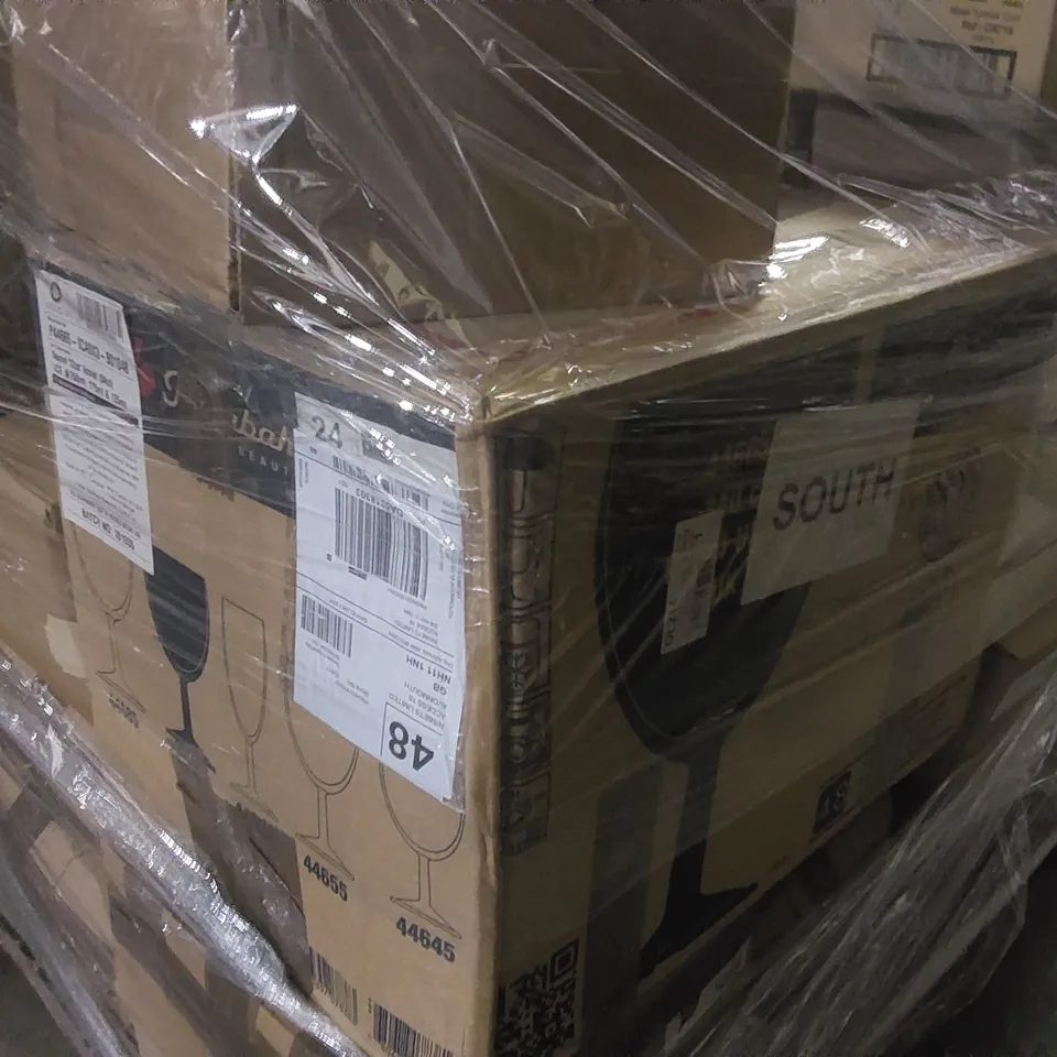 PALLET CONTAINING CATERING ITEMS AND PRODUCTS SUCH AS;OLYMPIA GLASS JUGS 1L,OLYMPIA NARROW RIMMED PLATES,PASABAHCE GOBLET GLASSES