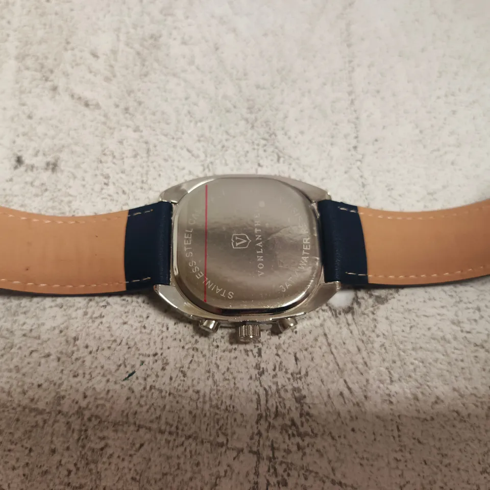 VONLANTHEN WRISTWATCH WITH LIGHT BLUE DIAL, STAINLESS STEEL CASE, BLUE LEATHER STRAP – BOXED