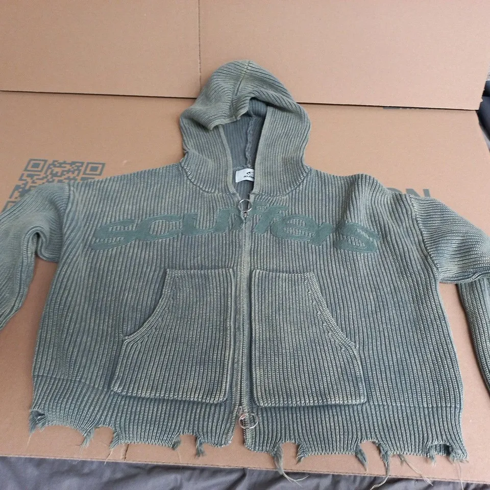 SCUFFERS KNIT ZIP HOODIE CARDIGAN - OLIVE GREEN, UK SIZE S