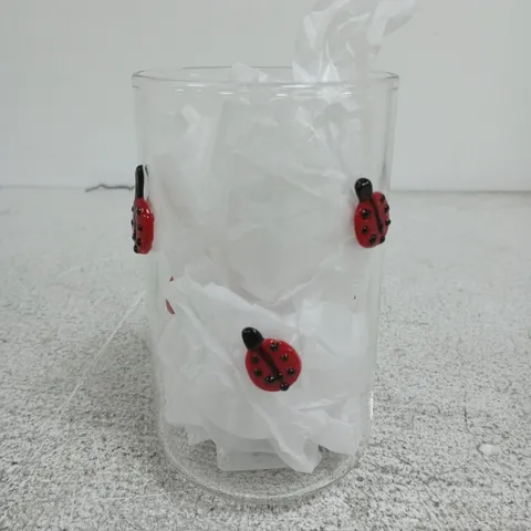 ANTHROPOLOGIE GLASS TUMBLER WITH RED LADYBUG EMBELLISHMENTS
