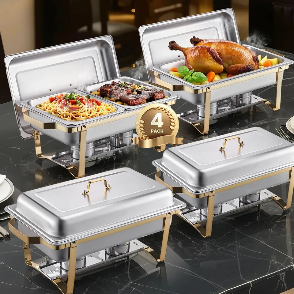 BOXED VEVOR CHAFING DISH BUFFET SET, 8 QT 4 PACK, STAINLESS STEEL CHAFER WITH 2 FULL SIZE AND 4 HALF SIZE PANS, RECTANGLE CATERING WARMER SERVER WITH LID WATER PAN STAND, FOR WEDDINGS PARTIES BANQUETS
