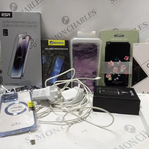 BOX OF APPROX 20 ASSORTED MOBILE PHONE ACCESSORIES TO INCLUDE TED BAKER IPHONE 13 PRO CASE, IPHONE 13 PRO MAX SCREEN PROTECTOR, CLEAR VIEW STANDING COVER FOR SAMSUNG S8, ETC