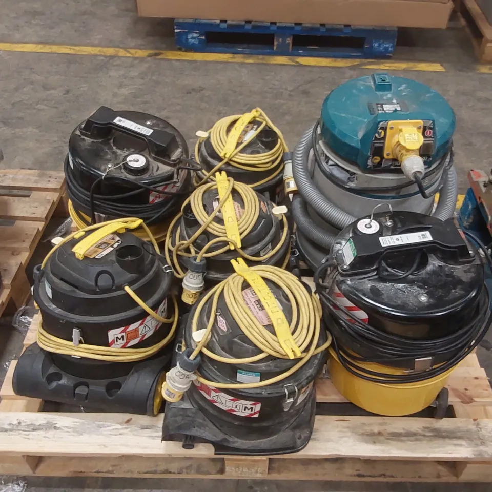 PALLET CONTAINING 7 ASSORTED HOOVERS FROM BRANDS SUCH AS MAKITA, NUMATIC ECT