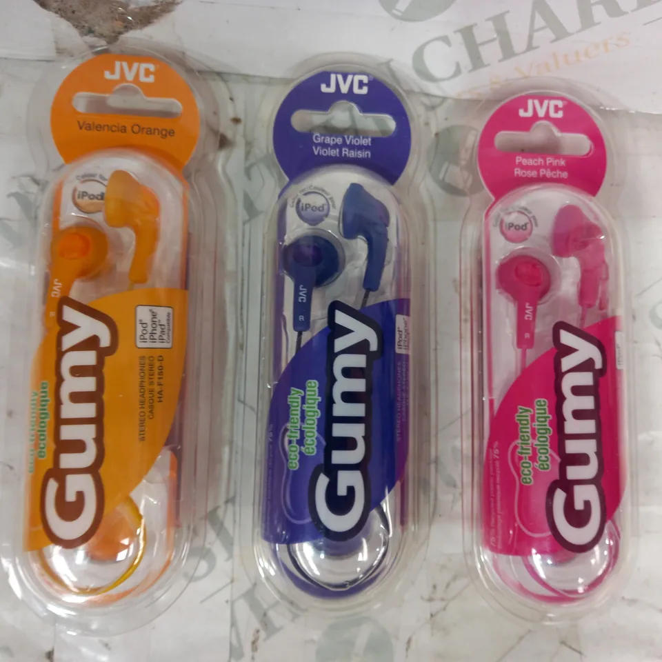BOX OF APPROXIMATELY 20 ASSORTED JVC GUMY STEREO HEADPHONES IN VARIOUS COLOURS
