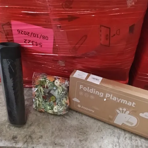 PALLET OF ASSORTED ITEMS INCLUDING - YOGA MAT, FESTIVE DECORATION, PLAYMAT