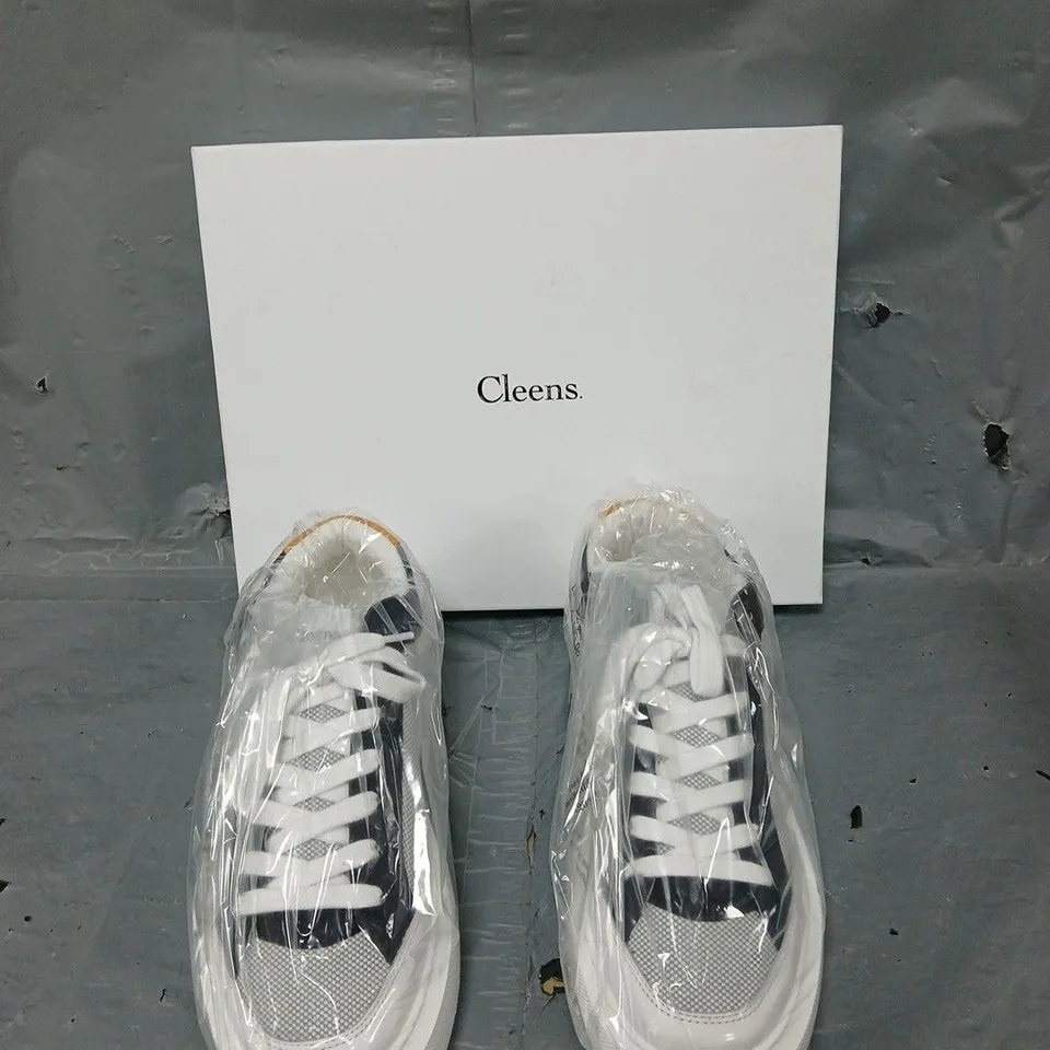 BOXED PAIR OF CLEENS LUXOR TRAINER - NAVY WHITE - UK 8