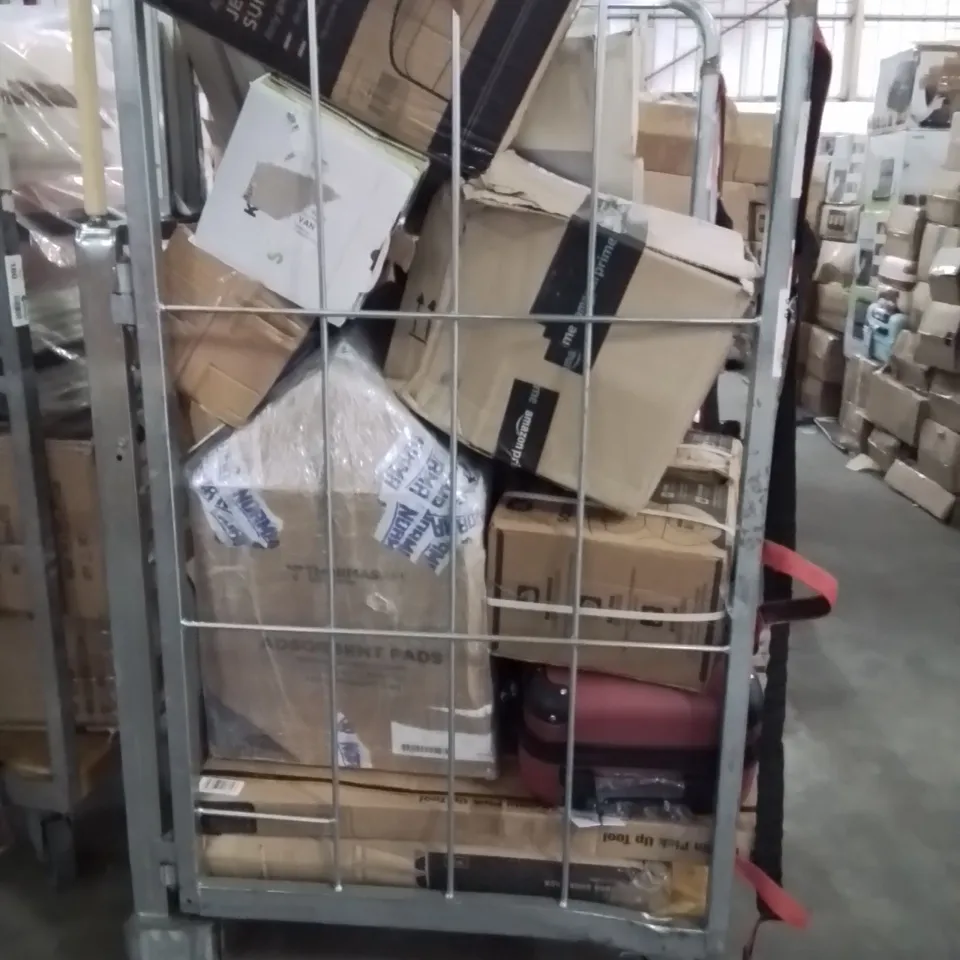 CAGE OF ASSORTED HOUSEHOLD GOODS AND PRODUCTS TO INCLUDE;DOG CAGE,SUITCASE,DUMBBELLS,LAUNDRY BASKET,LITTER PICKERS