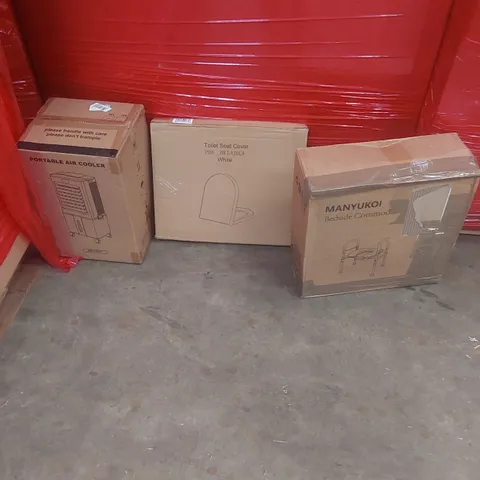 PALLET OF ASSORTED PRODUCTS AND ITEMS TO INCLUDE; BEDSIDE COMMODES,TOILET SEAT COVER,AIR COOLER