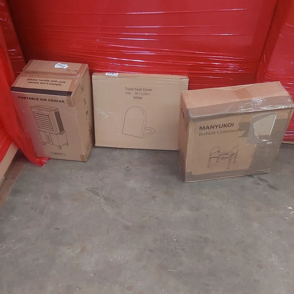 PALLET OF ASSORTED PRODUCTS AND ITEMS TO INCLUDE; BEDSIDE COMMODES,TOILET SEAT COVER,AIR COOLER